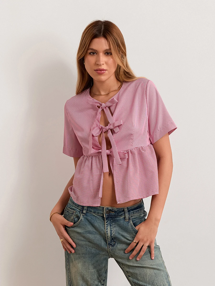 Camicia da donna con stampa a righe girocollo manica corta chiusura con papillon top Flowy sciolti