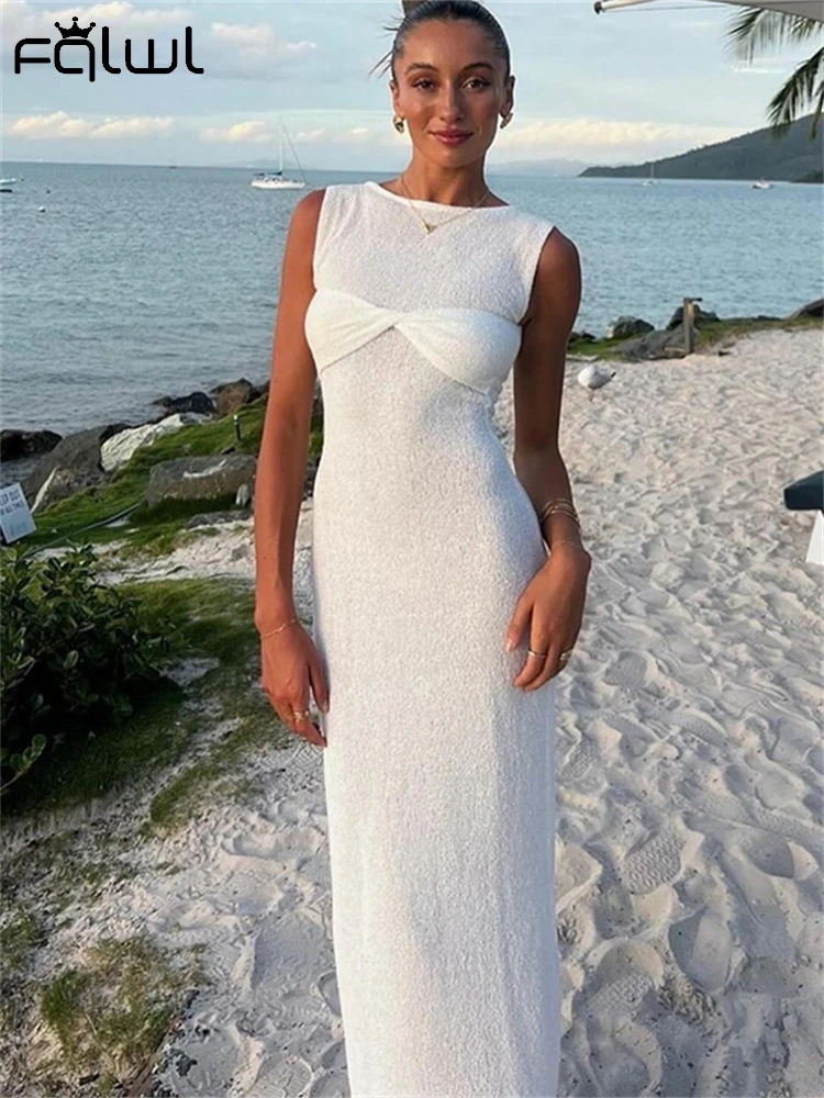 Habbris Summer White Fashion See Through Knit Maxi Dresses Beach Vacation For Women 2024 Sleeveless O-Neck Casual Party Vestidos