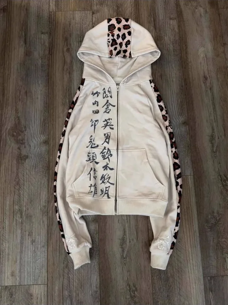 Vintage Patchwork Printed Loose Hoodie Casual Style Zipper Text Pattern Polyester Fiber Unisex Wear Resistant Long Sleeve Hoodie