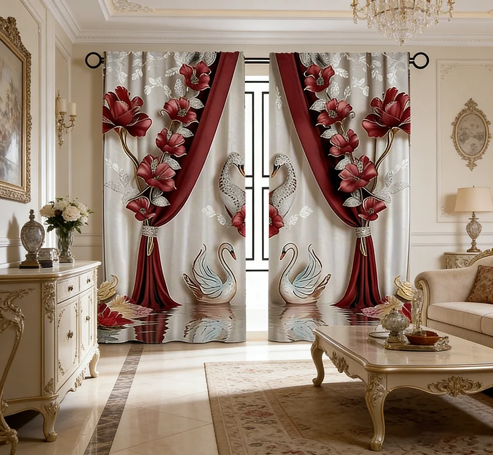 2PCS Digital Printed Curtains with Rose Swan Design, Stylish Window Drapes for Living Room Bedroom Home Decoration and Kitchen