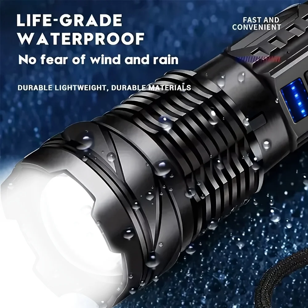 Rechargeable LED Flashlight Zoomable Torch with LED Display 7 Modes Waterproof High Power Hand Light Outdoor Wilderness Camping