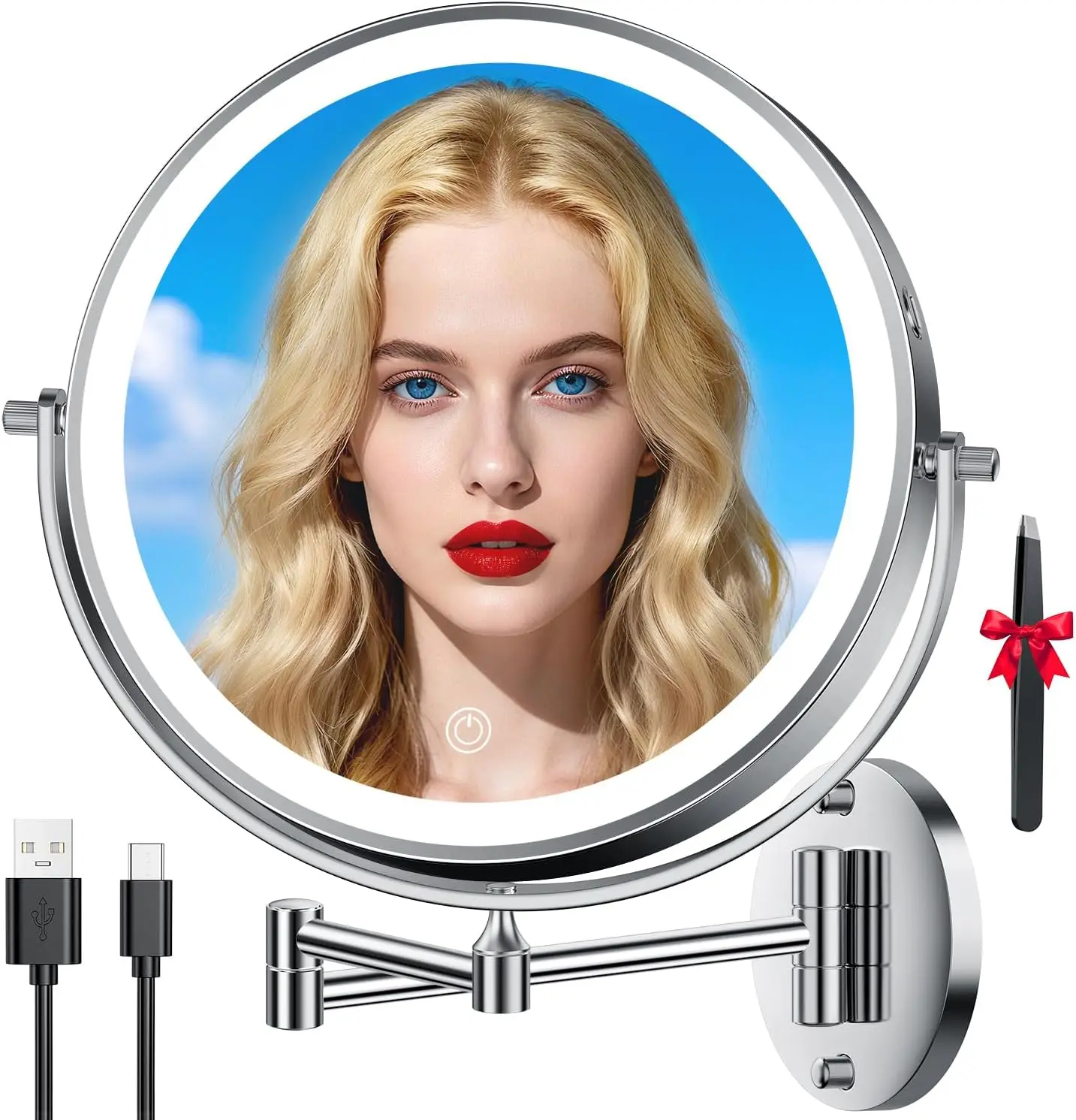

10 Inch Wall Mounted Makeup Mirror with Light, 30X/1X Magnification, Rechargeable LED Touch Dimmable 3 Colors, Rotatable Arm
