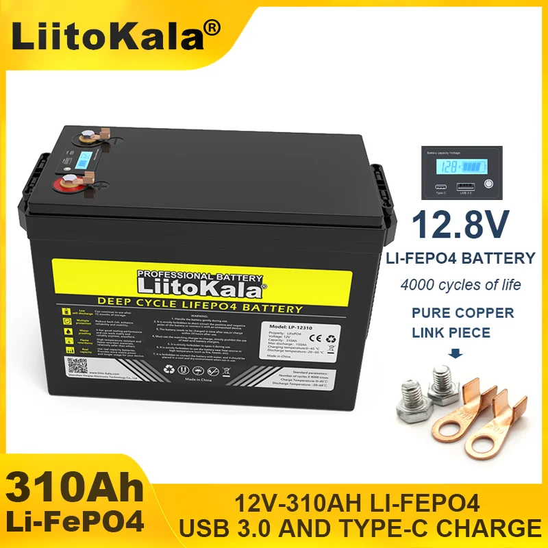 LiitoKala 12V310Ah LiFePO4 battery 12.8V 4s BMS For RV Campers Golf Cart Off-Road Solar Wind batteries 14.6V Charger duty-free