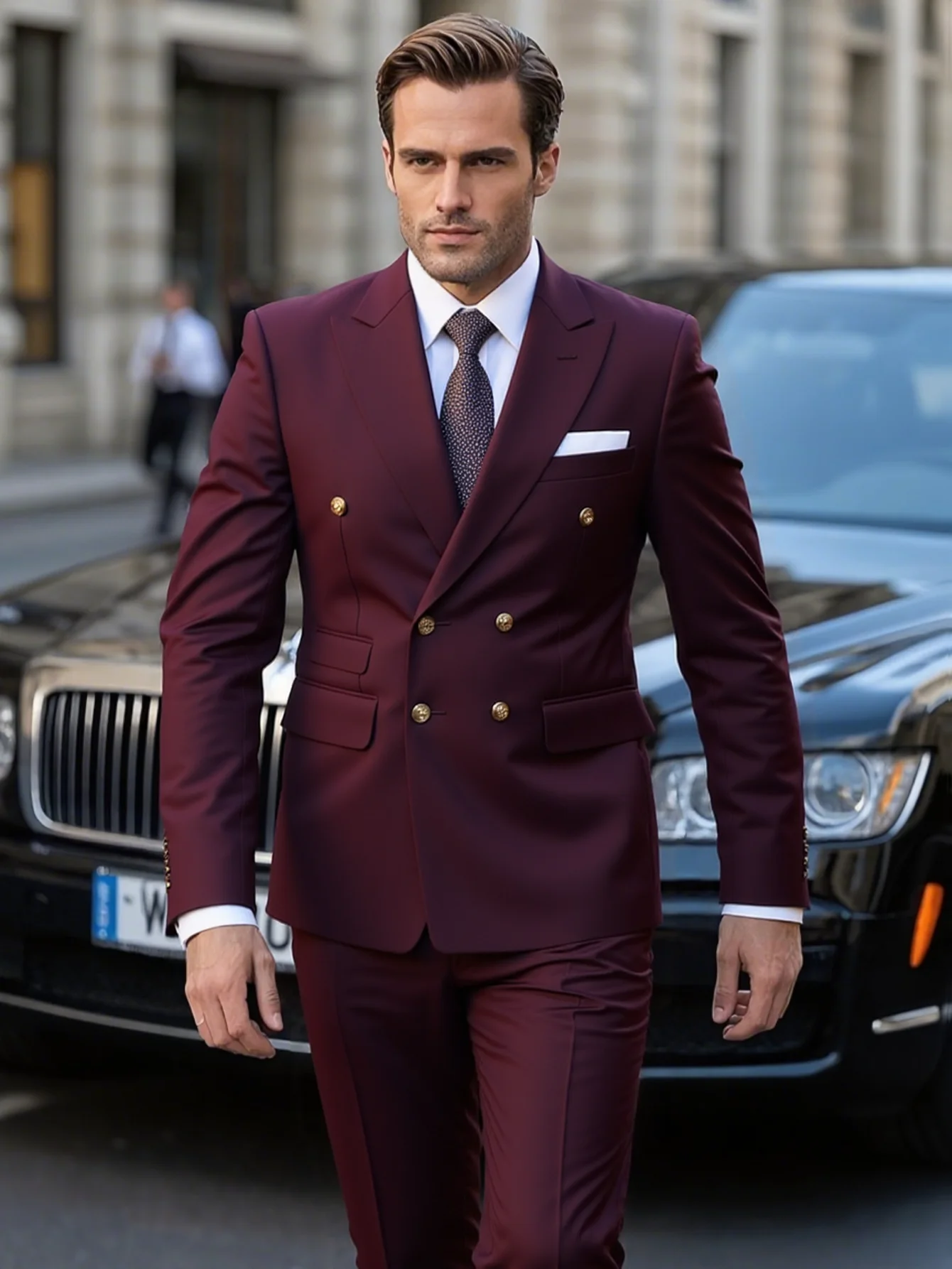 

【Classic】Men's 2 Pcs Classic Double Breasted Peak Lapel Suit Set Jacket Pants for Luxury Embassy Reception