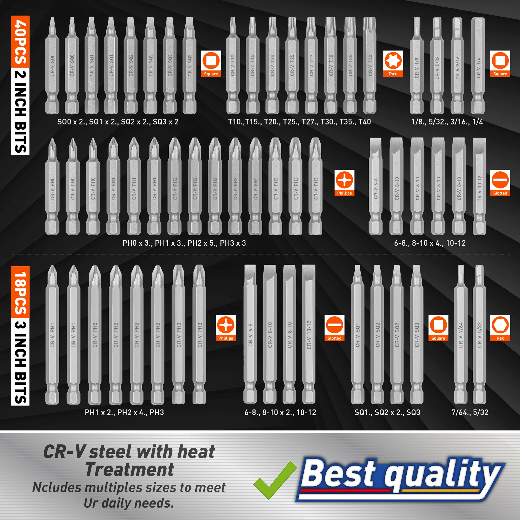 258 piece screwdriver head set, chrome vanadium steel screwdriver head assembly, including safety drill bit, nut