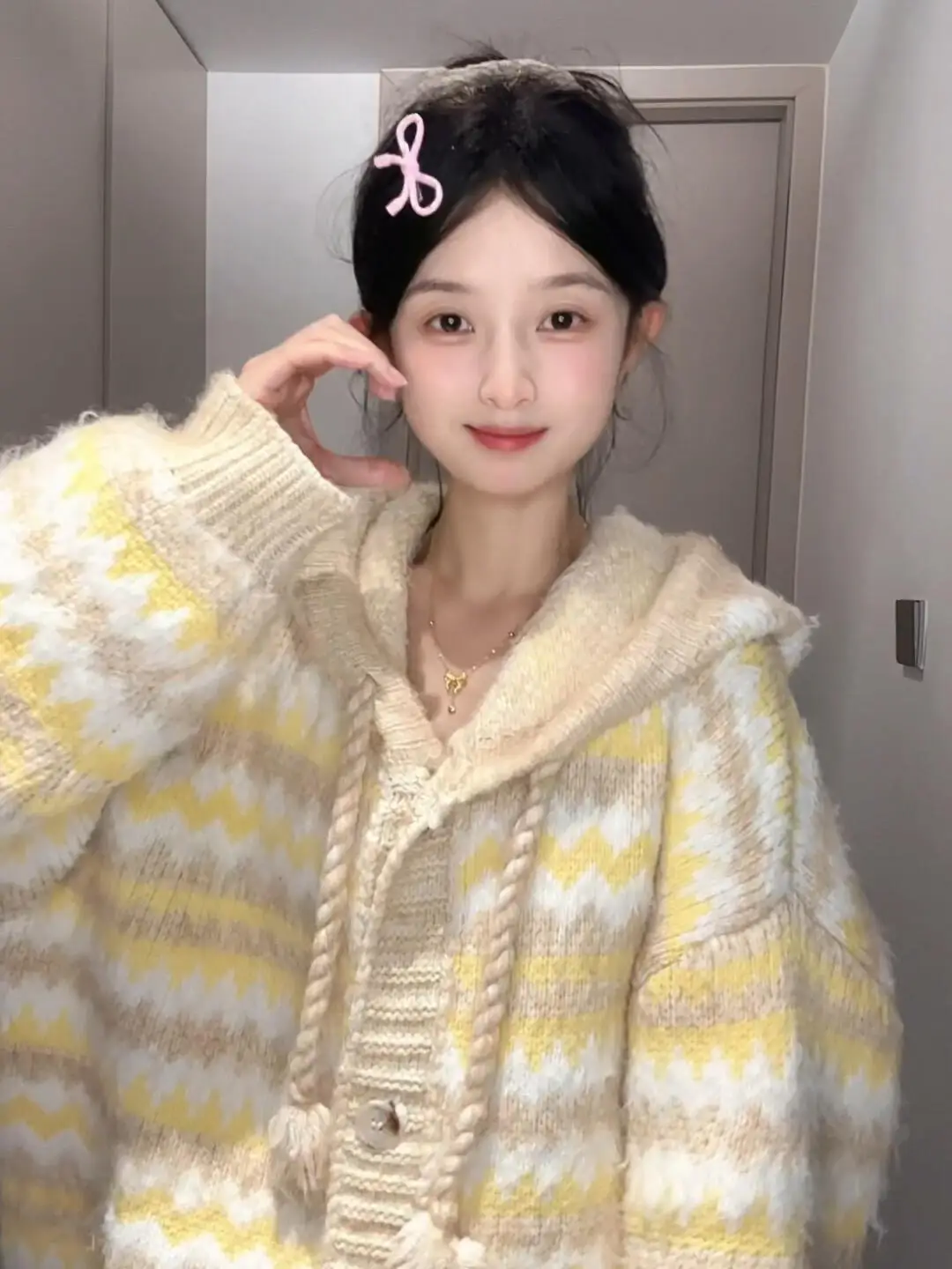 

Korean Sle Yellow Striped Hooded Sweater Jaet Women's Thiened Loose Lazy Soft Open Cardigan Top for Autumn Winter