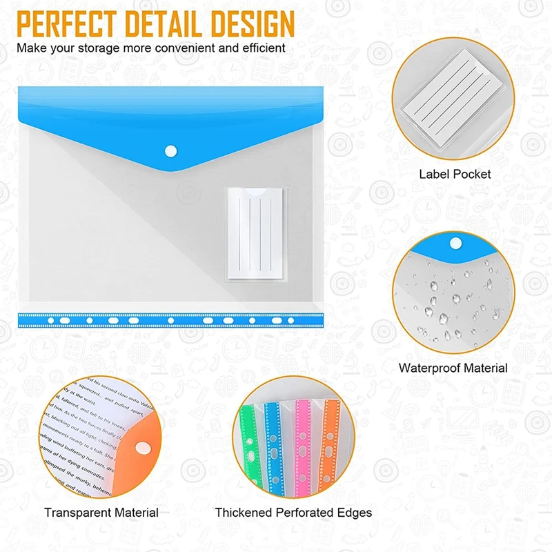 확장 가능한 폴리 봉투 A4 파일 폴더, 스냅 및 라벨 포함, 사무실 파일 지갑, 방수 문서 정리 도구, 11 홀, 6 팩
