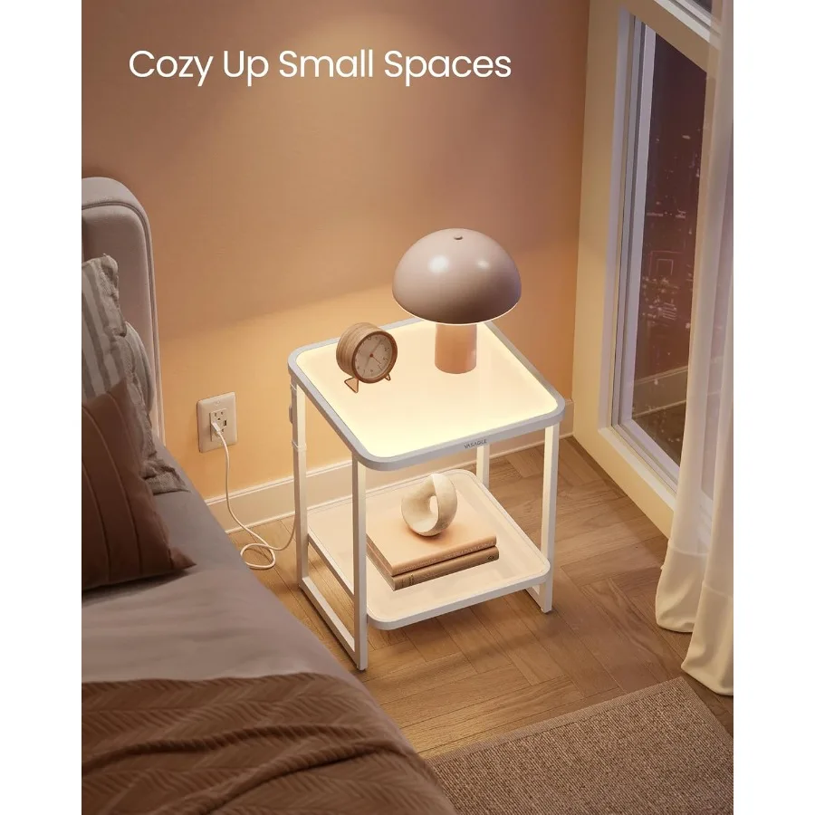 طاولة جانبية من طبقتين مع أضواء LED مدمجة، منضدة مربعة حديثة تتميز بسطح زجاجي بلوري ومعرف سفلي قابل للتعديل