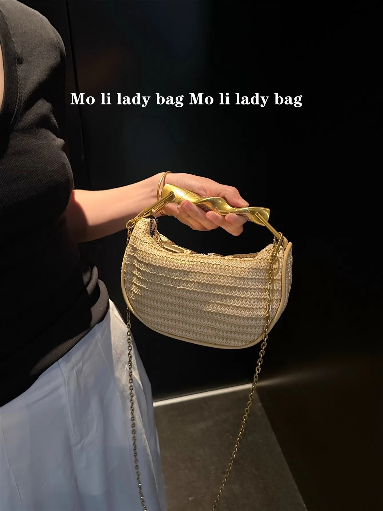 

Straw Woven Handmade Hobo Bag Gold Metal Handheld Women Handbag Luxury Fashion Clutch Purse Shoulder Crossbody Bag Beach Bag