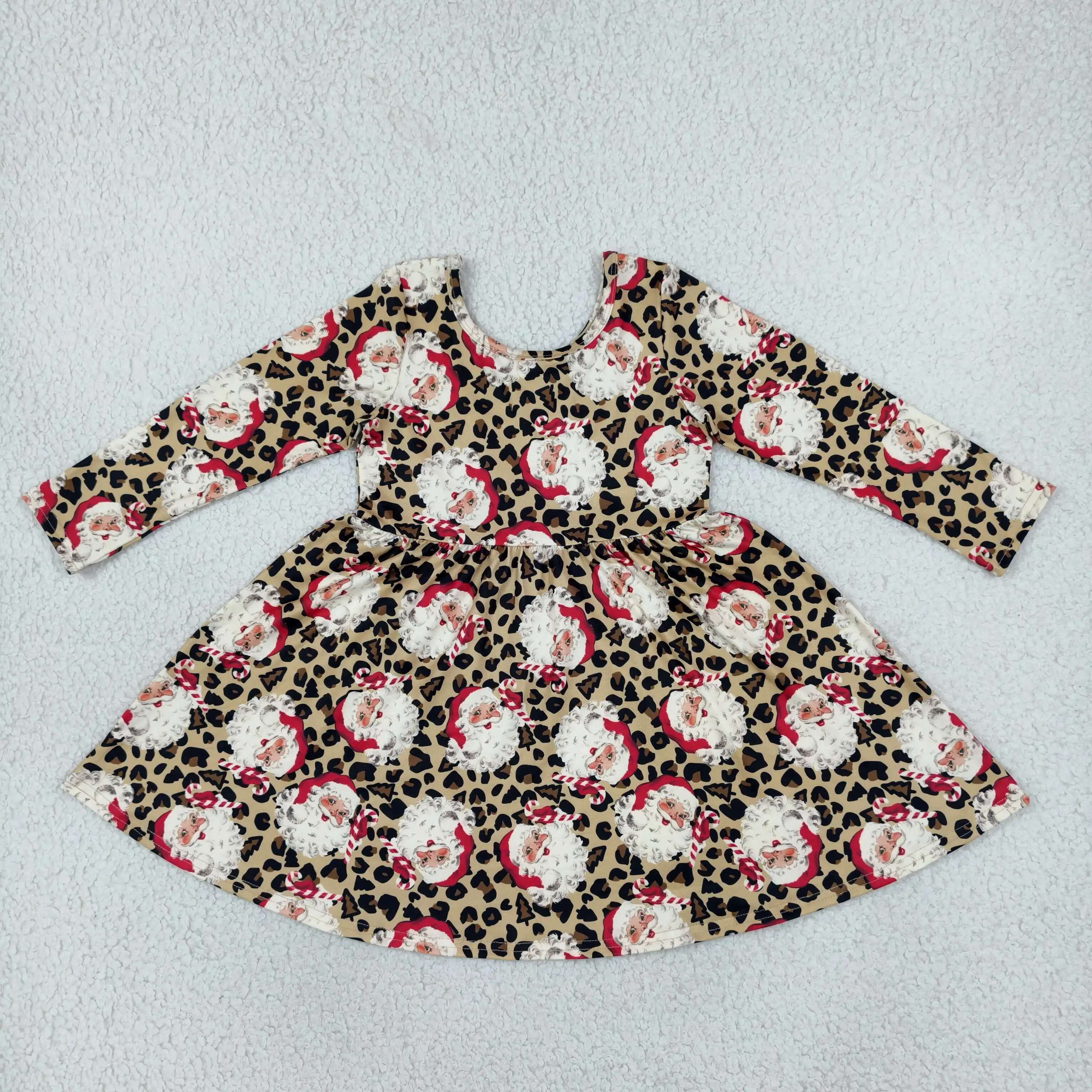 Wholesale Baby Kids Children Long Sleeves Santa Leopard Knee Length Dress Infant Girls Toddler Christmas Clothing