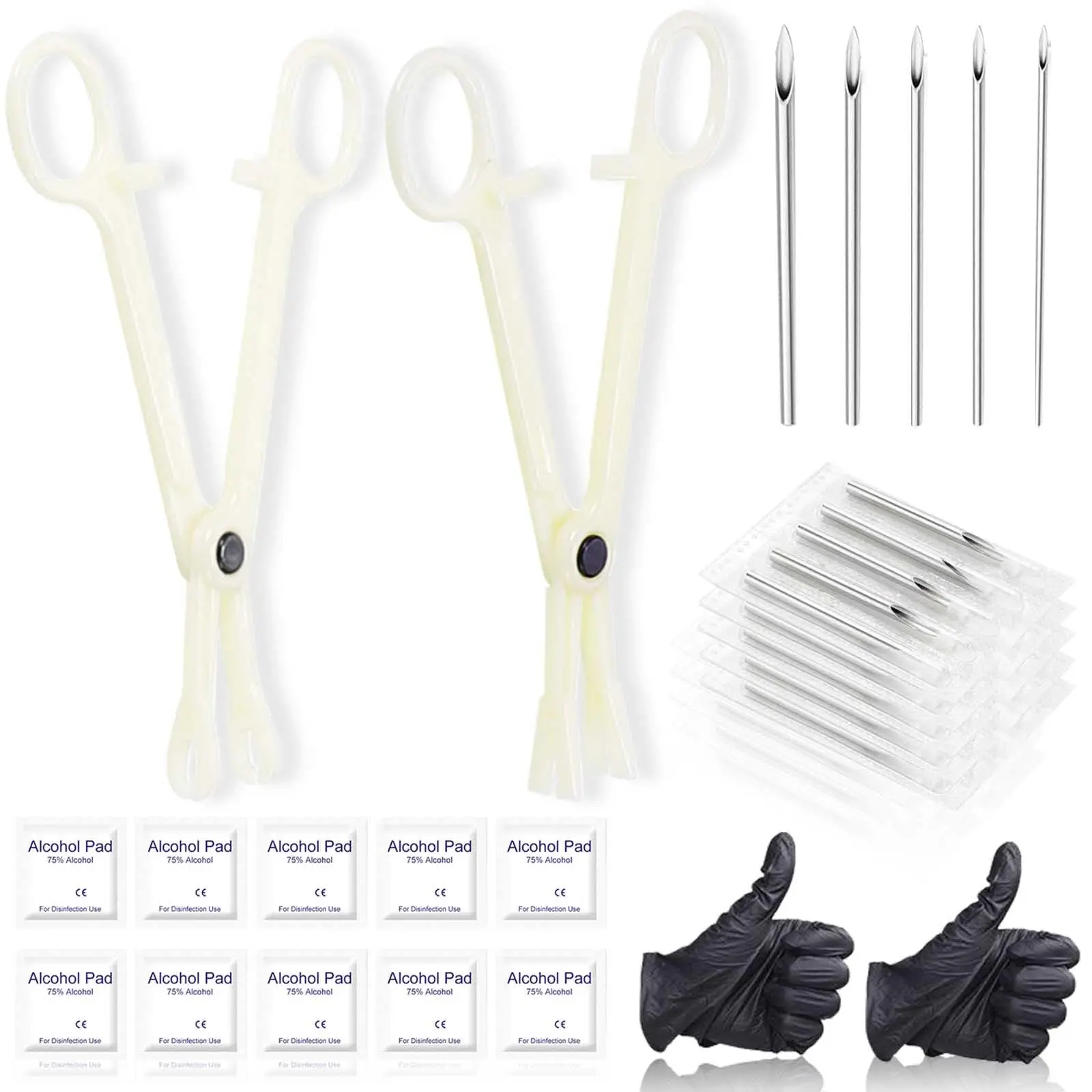 Sterile Piercing Kit with Multi-Gauge Needles & 2 Clamps for Ear, Nose, Belly, Septum, Tongue, Nipple, Eyebrow & Lip Piercing