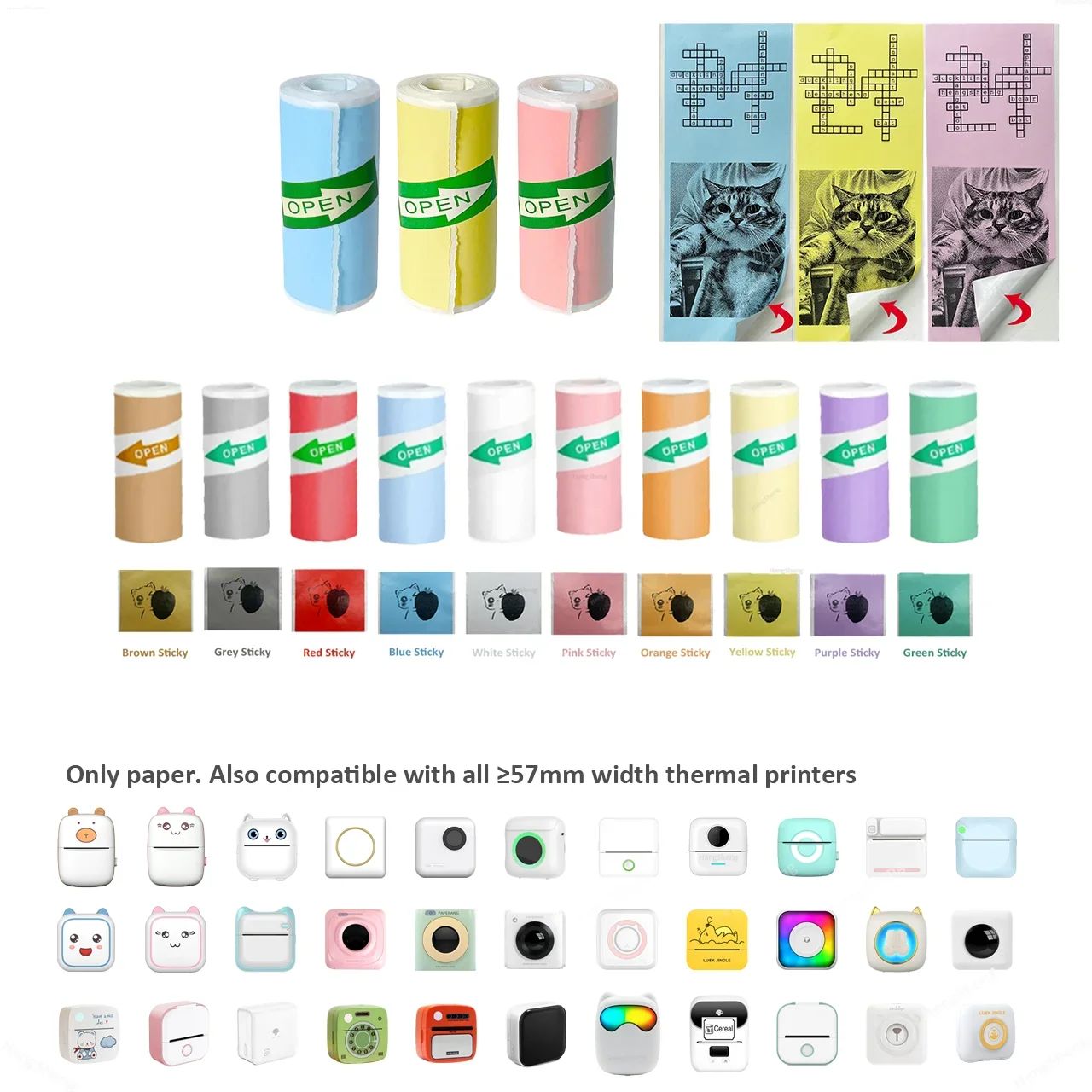 Papel térmico autoadhesivo pegatina de Color papel de impresión térmica Mini impresora impresión sin tinta foto imagen 57x25mm
