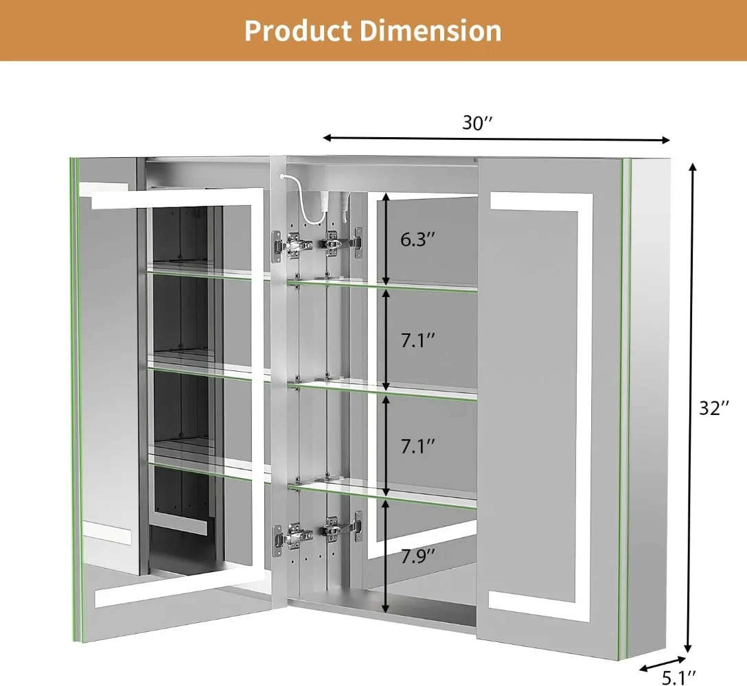 VOWNER Anti-Fog Medicine Cabinet with LED Mirror & Power Outlet, 2 Doors Storage Cabinet for Bathroom Recessed or Wall Mount