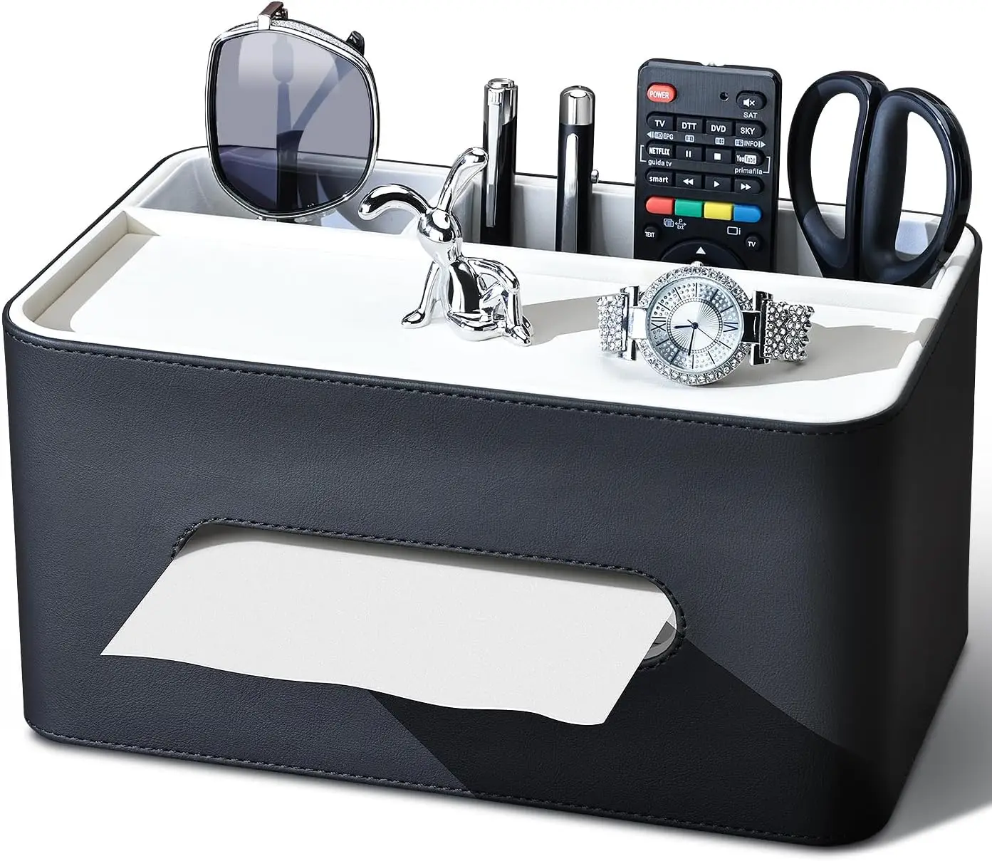 

PU Leather Rectangular Tissue Box Cover with Storage Tray, Remote Control Holder for Living Room Bedroom Office