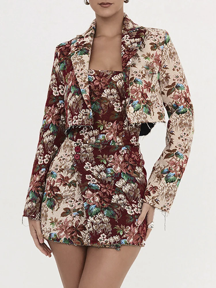 Fantoye Print Floral Two Piece Sets Women Blazer Sets Notched Collar Blazer Mini Dress Female Winter Slim Casual Dress Sets 2024