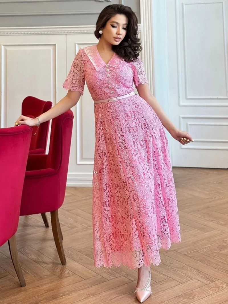 

Элегантное кружевное платье с цветочной вышивкой, летняя одежда, женское платье трапециевидной формы с коротким рукавом и v-образным вырезом на крючках с цветочным принтом