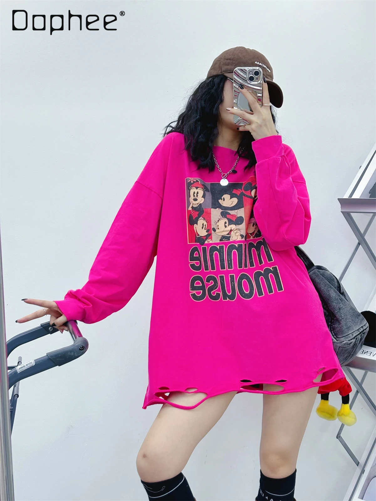 Tide Brand Korean Version Printed Cartoon Hole T-shirt Women Fashion Autumn Mid Length Bottoming Shirt Round Neck Casual Top