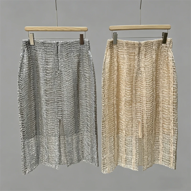 2026 Summer New Women's High-Waisted Sequined Midi Skirt, High-Quality Fashionable Casual Linen Blend Hollow-Out Straight Skirt