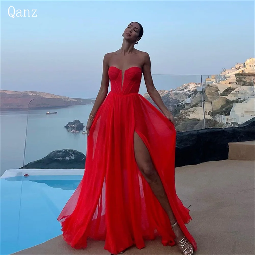 Qazn Bech Silk Chiffon Prom Dresses Straplesses Red High Leg Slit Floor Length Vestidos De Noche Long Party Dresses Customized