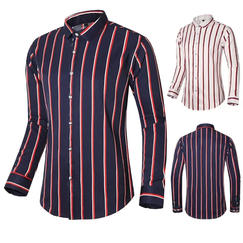 

2023 Spring and Autumn Men's Micro Elastic Stripe Shirt Long Sleeve Youth Men's Long Sleeve Shirt