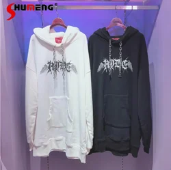 Japanese Mine Style Cool Letter Wings Fleece-lined Hooded Hoodie Couple Men and Women Winter Long Sleeve Mid-Length Brushed Coat