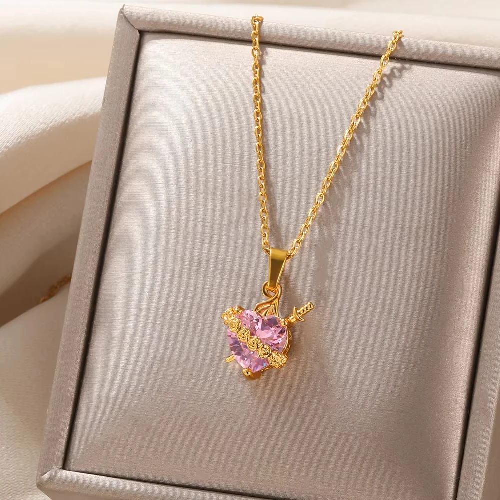 Pink Heart Zircon Necklace Gold Color Stainless Steel Cupid Eros Arrow Heart Pendant Necklace Korean Fashion Jewelry Girls Party