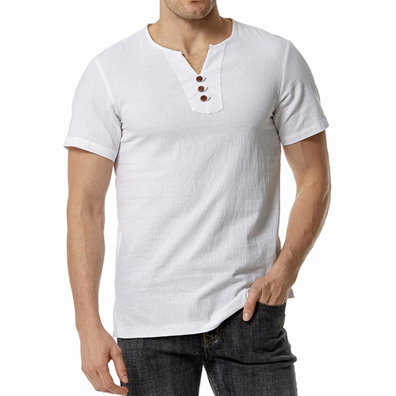 

Summer Fashion Cotton Linen T Shirt Men's Casual Solid Color Short Sleeve T-Shirts V-neck Tees Trend Slim Fit Top Clothing