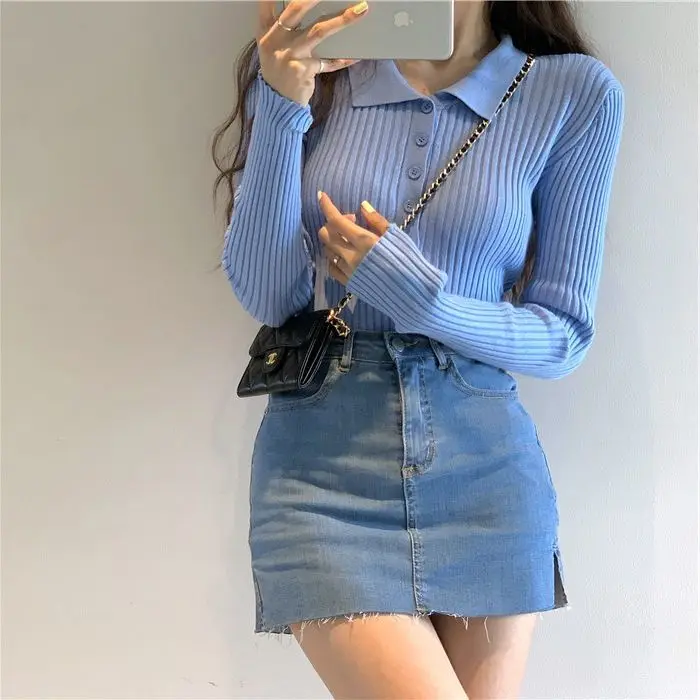 Autumn New Long-sleeved White Shirt Women Polo Collar Chic Knitted Slim Fit Crop Top  Y2k Top Streetwear