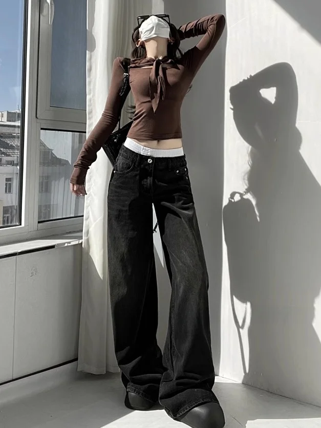 

Универсальные прямые джинсы с высокой талией, широкие длинные брюки, перетащивание и дизайн для модных женщин, джинсовые синие с низкой талией