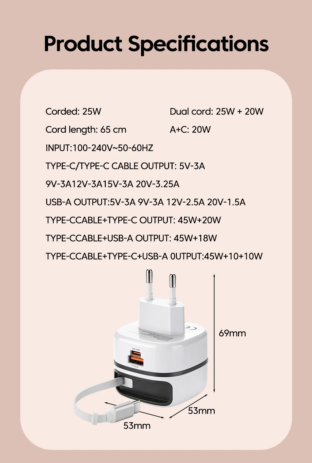Cargador de carga rápida de 65W, adaptador de corriente para teléfono móvil con cable tipo C retráctil para iPhone 16, 1