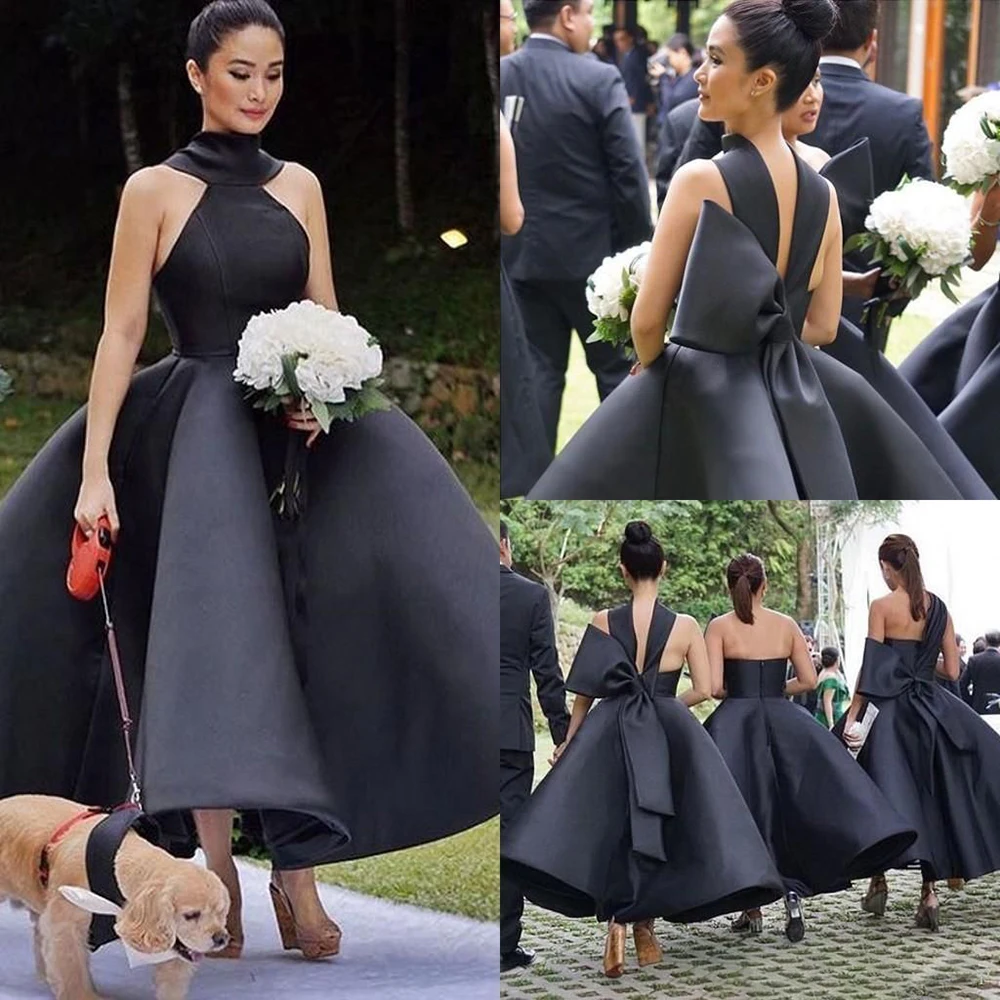 Fashion Halter Wedding Party Dress Black Elegant Sleeveless Taffeta Prom Gown with Bow Slim Fit Solid Ankle-Length Girl Dresses