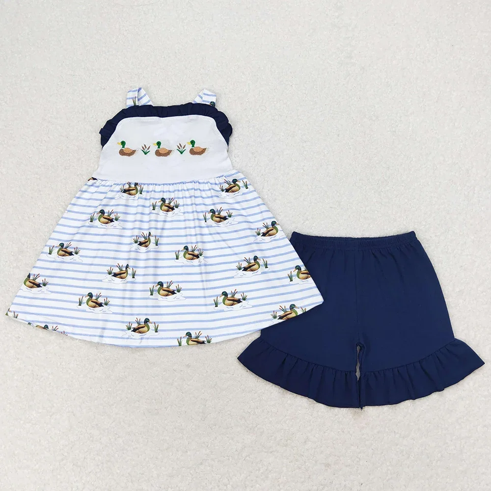 Hot Sale Baby Girls Clothes Ducks Straps Tunic Tops Ruffle Shorts Sets Boutique Kids Sibling Clothing Boys Outfits Baby Rompers