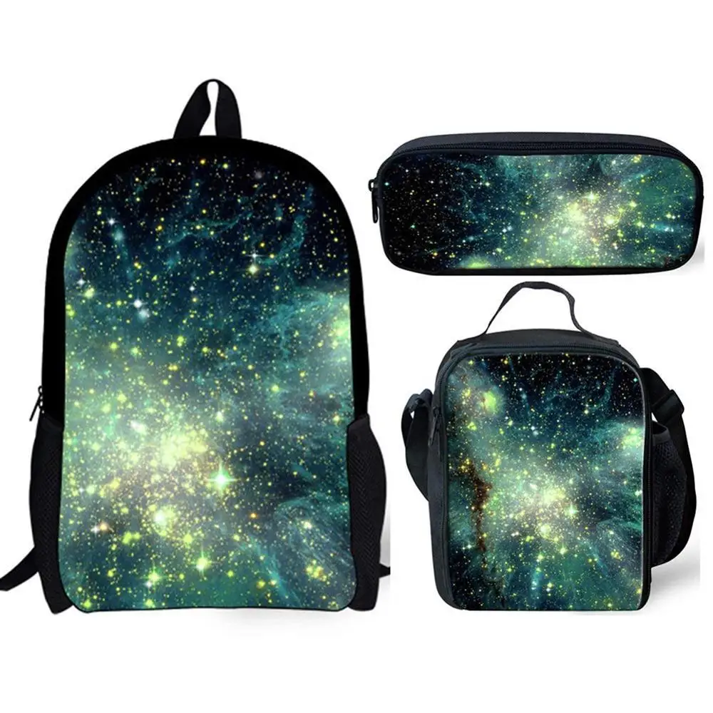 子供用、小学校・中学校向けのバックパック、ペンケース、ランチバッグの3点セット、星空柄のバックパック。