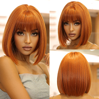 Short Straight Synthetic Wigs Ginger Brown Bob Wigs with Bangs for Women Cosplay Daily Natural Hair Wig Heat Resistant Fiber