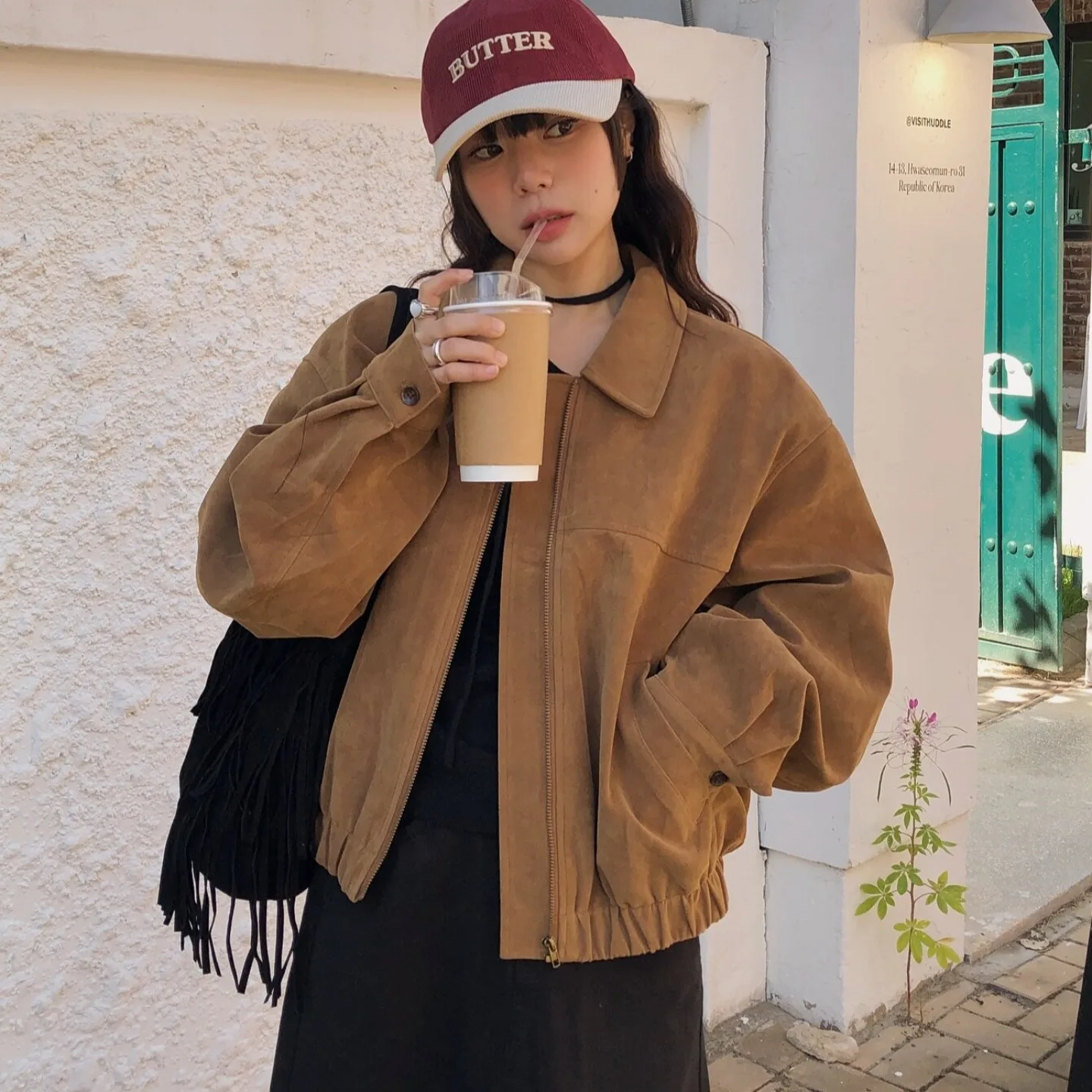 레트로 스프링 신상 루즈핏 캐주얼 롱 슬리브 스웨이드 야구 자켓 코트 (여성용) 프리미엄 퀄리티 가죽 코트