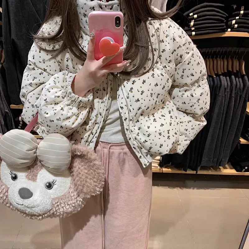 

Gagaok Stand Collar Jacket Women Korean Retro Parkas Short Top Sweet Floral Printed Winter Coat Warm Corduroy Parka Mujer