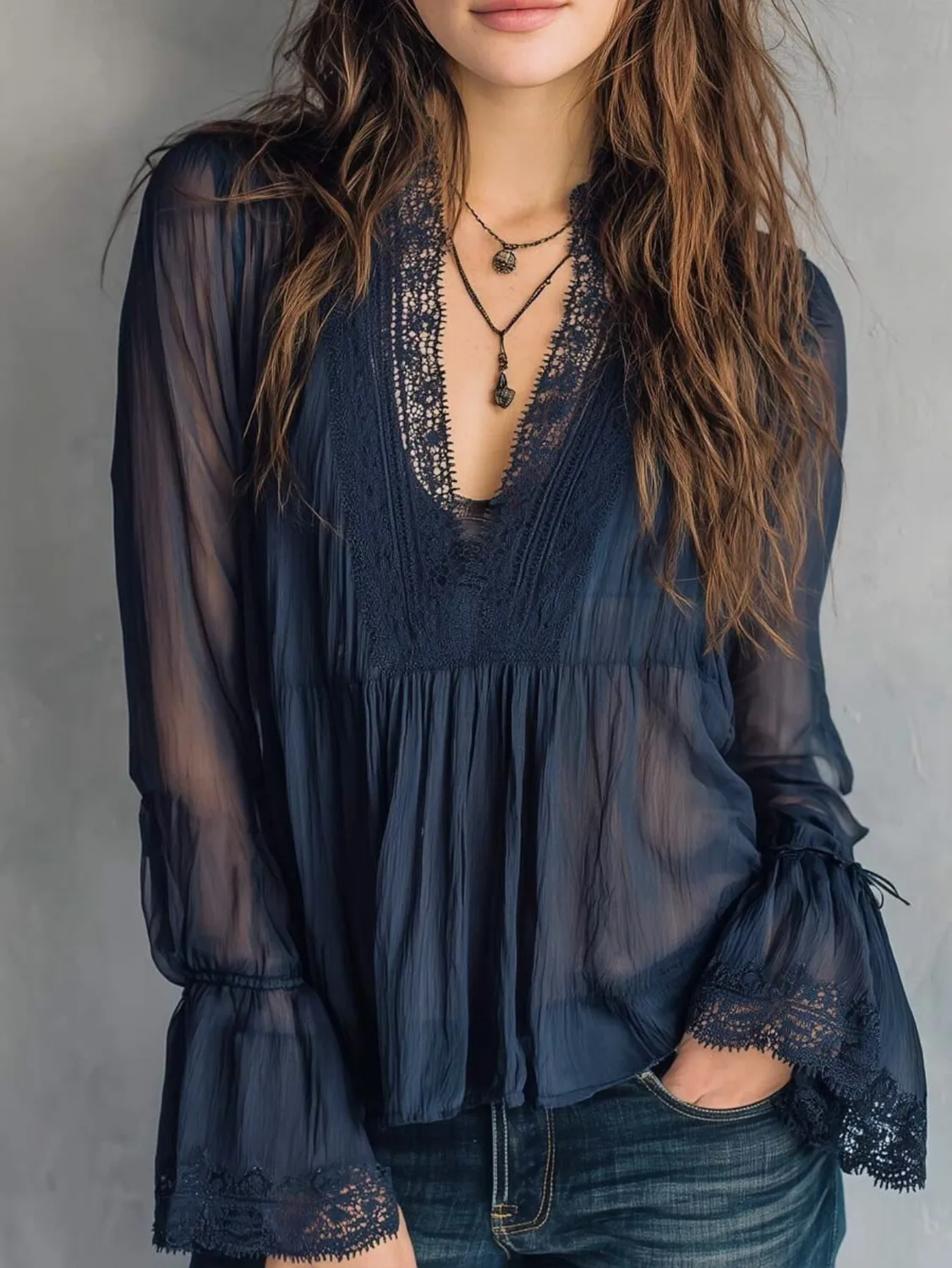 Plus Size Women Chiffon Lace Trim Blouse V Neck Bell Sleeve Peplum Sheer Mesh Vintage Boho Loose Stylish Streetwear Shirt Tops