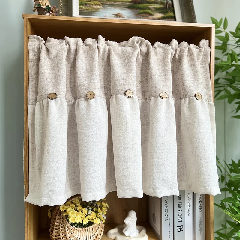 Japanese Style Retro Imitation Linen Beige-Brown Short Valance Curtain with Buttons Decor For Kitchen Bathroom Bedroom Patio