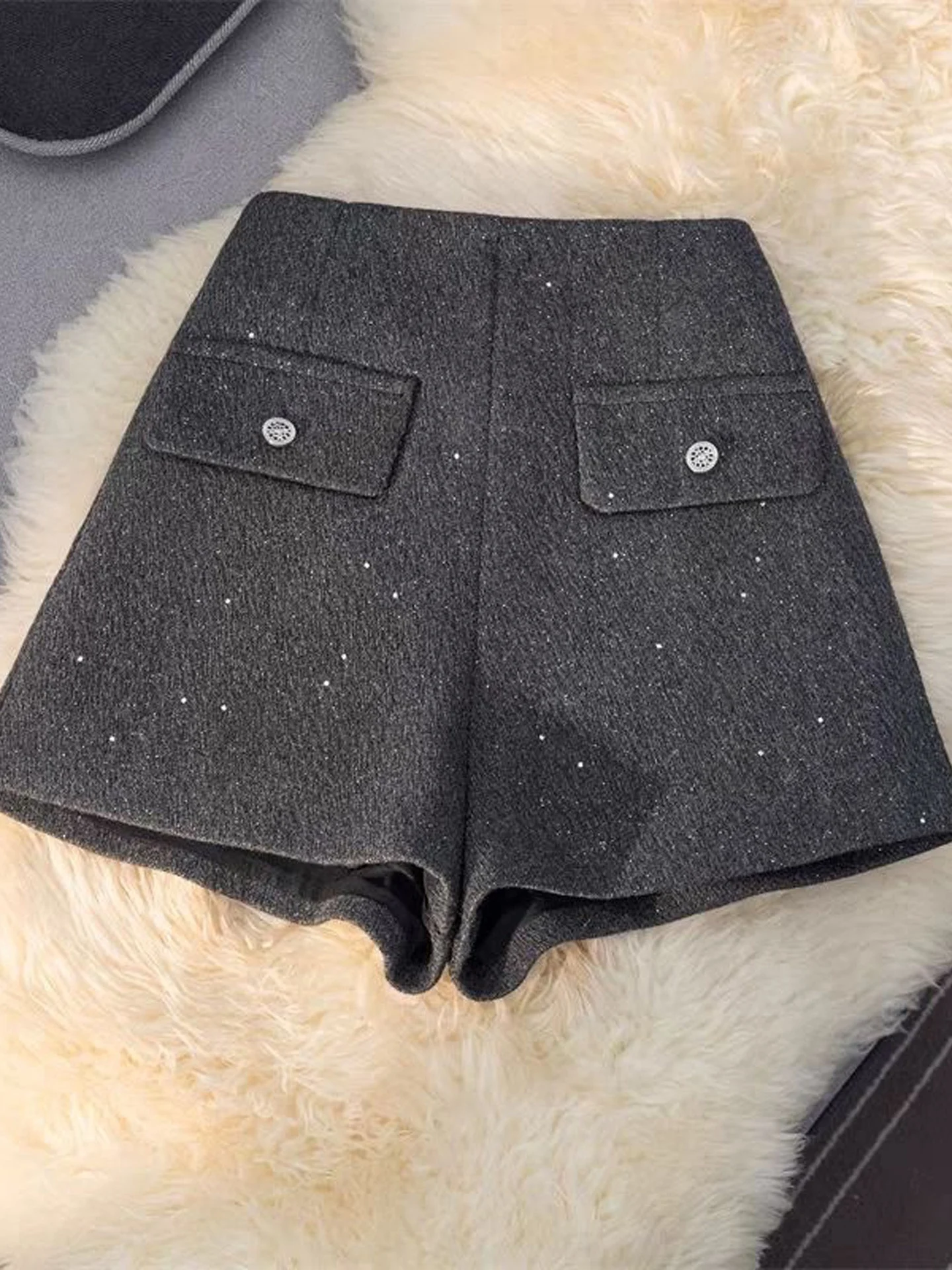 Shiny Short Pants Women's Miniature Autumn Winter New Woolen High Waist A-Line Wide Leg Pants Sequin Boot Pants Luxury Style