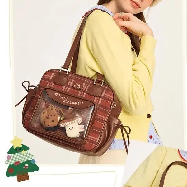 

JIAERDI Sweet Cute Bow Letter Handbag Women Leather Patch Transparent Anime Badge Ita Bag Ladies Retro Square Plaid Shoulder Bag