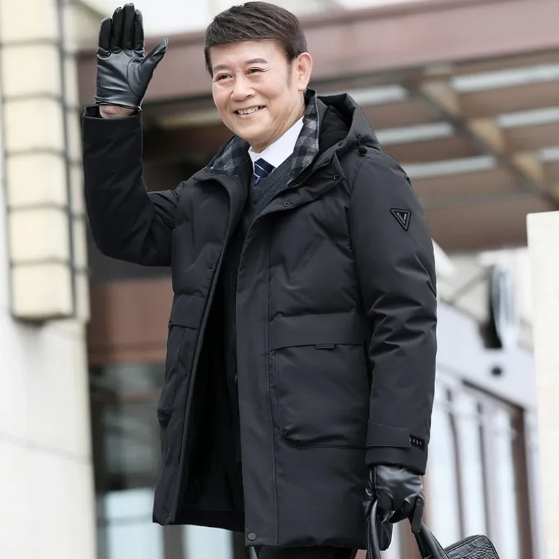 

Outwear Solid Color Hooded Business Casual Outcoat Winter Middle-Aged Men Down Jacket Male Mid-Length Large Size Thicken Warm