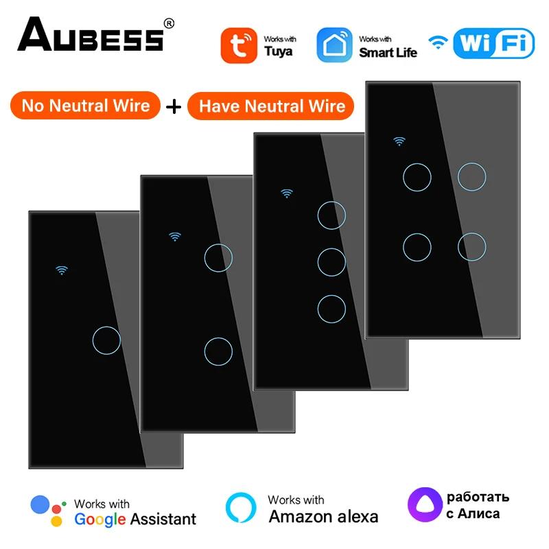 Aubess WiFi US Smart Light Switch Neutral Wire/No Neutral Wire Required Light Switch Smart Life APP Control Support Alexa Google