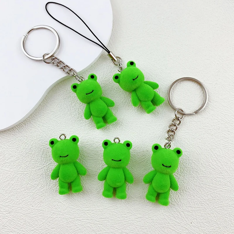 Cute 3D Flocking Frog Phone Chain Cartoon Plush Animal Keyring Bag Pendant Car Key Holder Earphone Charm DIY Jewelry Accessories