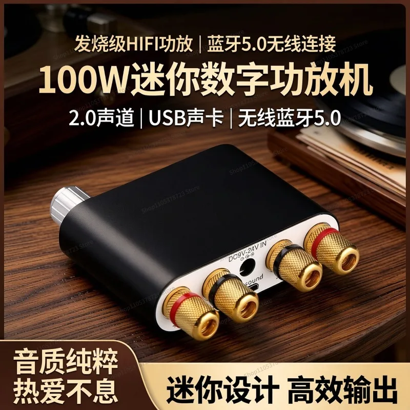 For 100W Fever Power Amplifier Bluetooth 5.0 Digital Power Amplifier HIFI Mini 2.0 Channel TV Audio USB Sound Card