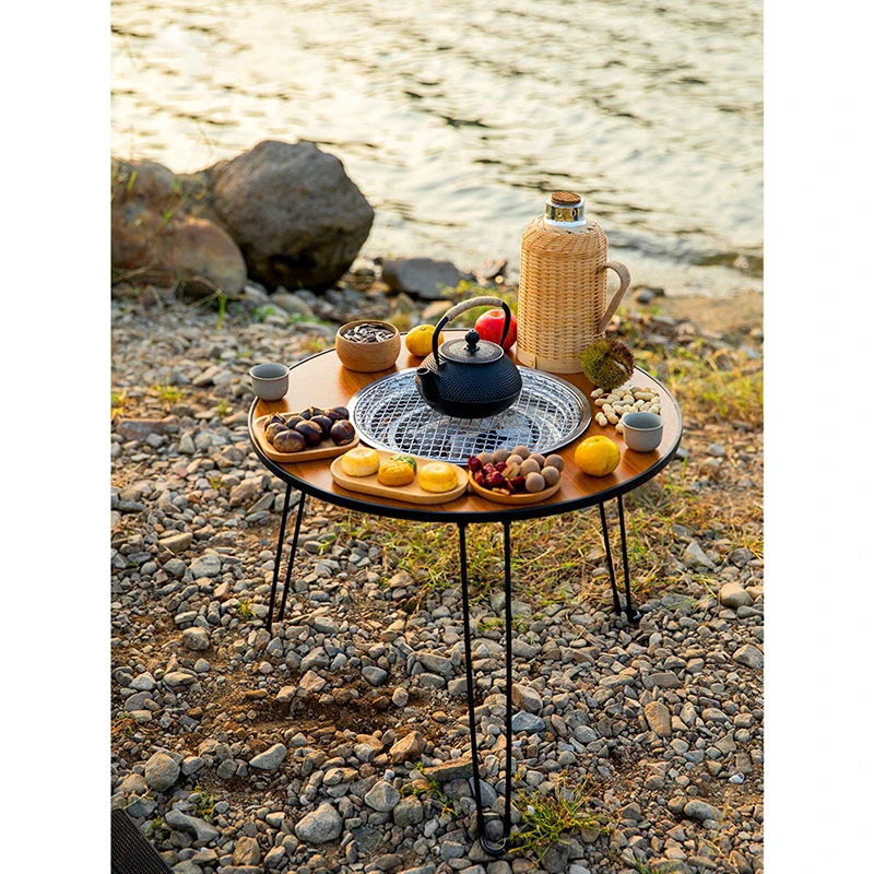 Outdoor Camping Barbecue Stove Set Portable Wood Grain Round Table Barbecue Stove Foldable Camping Stove For 4-6 People