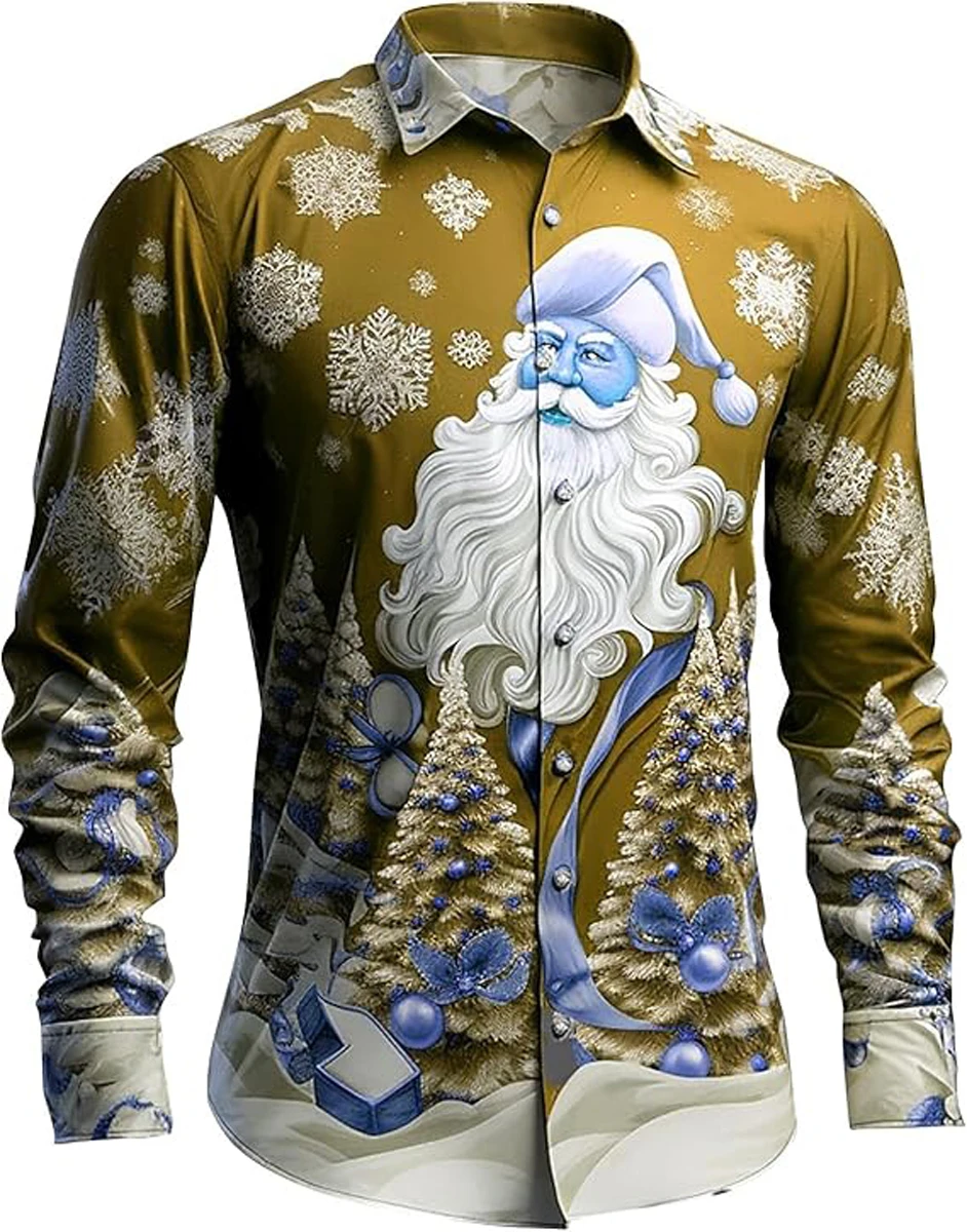 

New Men's Fun Santa Claus Funny 3D Printed Shirt Long Sleeve Lapel Soft Fabric Hawaiian Outdoor Shirt for Men New Year Part Gift