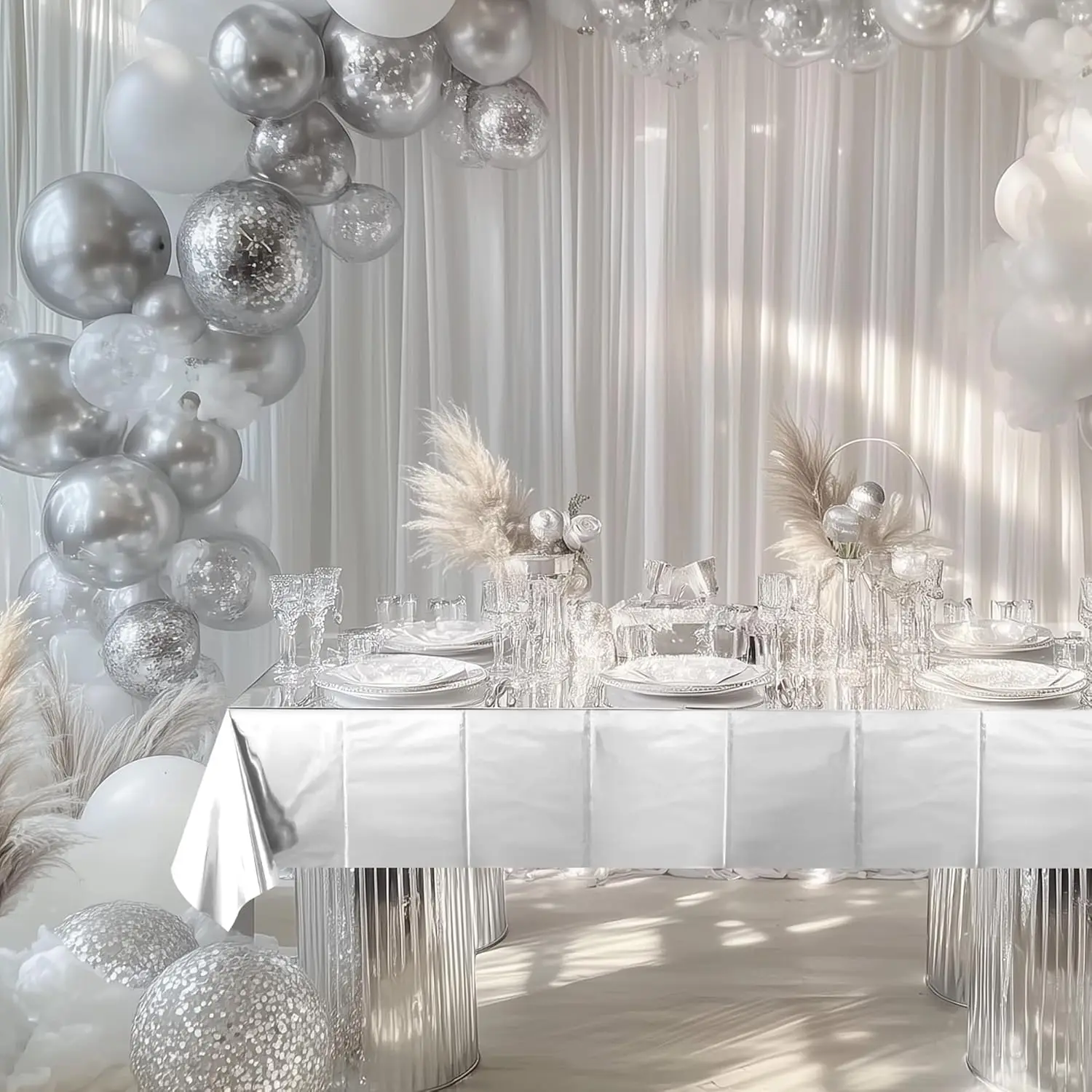 Silver Foil Tablecloth Plastic Table Cover 137 X 183 cm Rectangular Table Cover Metallic Silver Wedding Birthday Party Supplies