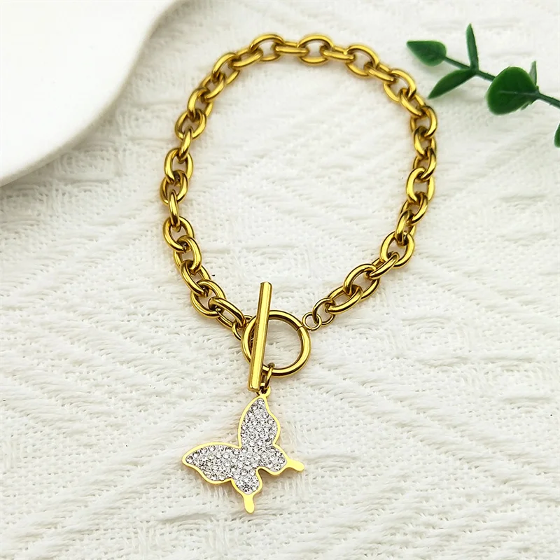 Fashion Butterfly Bownot Bracelet for Women Girls Stainless Steel Gold Silver Color Rhinestone Bracelets Jewelry Gifts