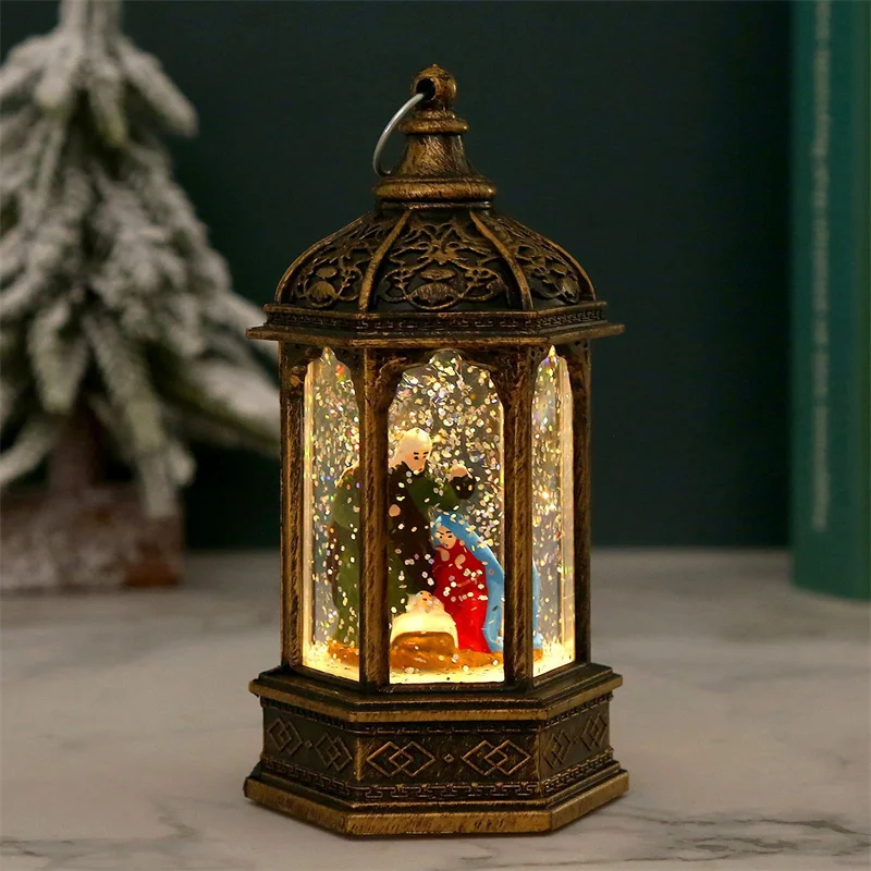 Christmas Lanterns Glittering Hexagonal Night Light Lamp Decorative Old Man Snowman Retro Hanging Lantern for Christmas Decor