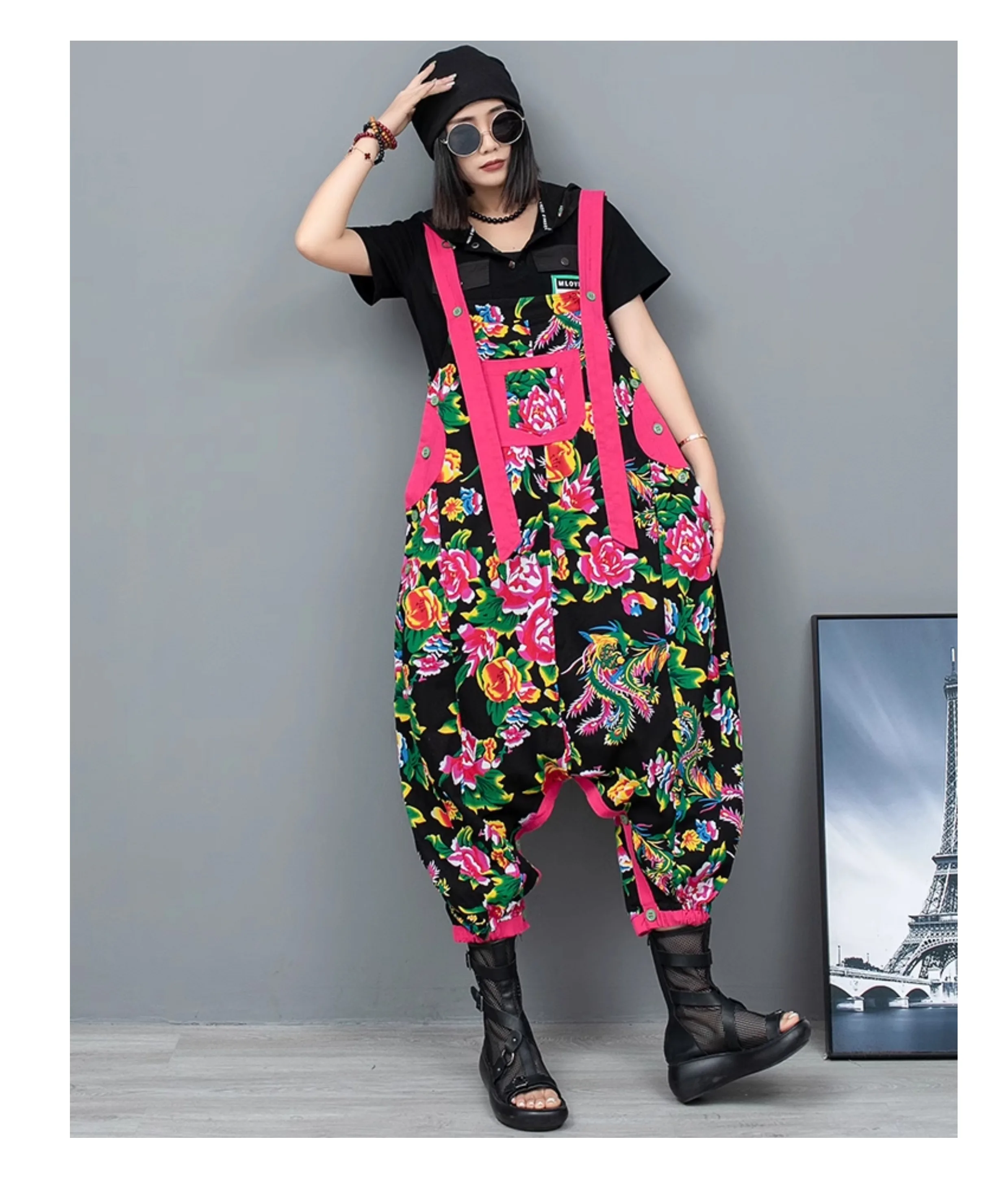 Vintage Peony Print Color Overalls Women\'s Chinese National Style Summer Can Wear Two Loose High Waist Crotch Jumpsuit